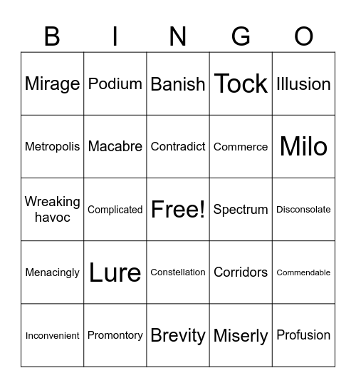 Vocabulary Bingo Card