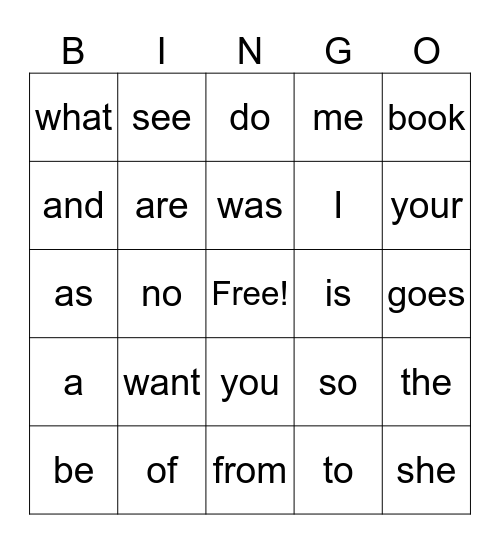 Heart Word Bingo Card