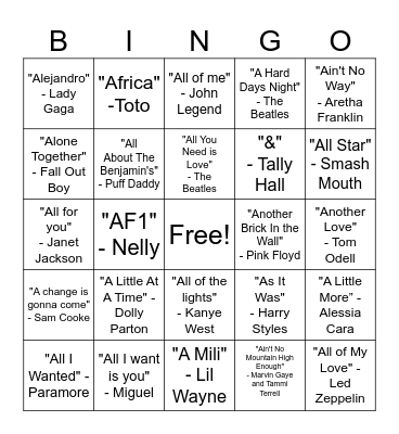 Songs That Start With A Bingo Card
