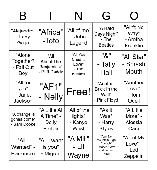 Songs That Start With A Bingo Card