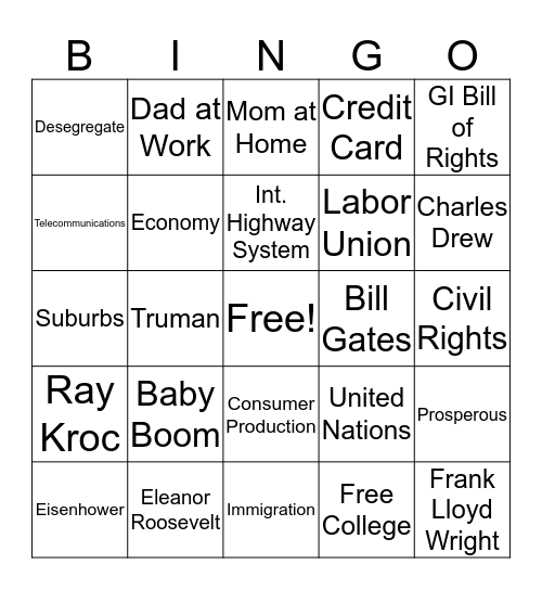 Post War Consumerism Bingo Card