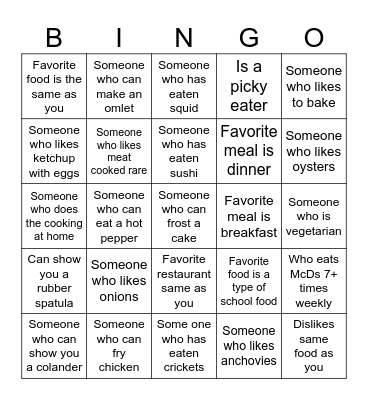 Get to Know You Bingo (Foods) Bingo Card