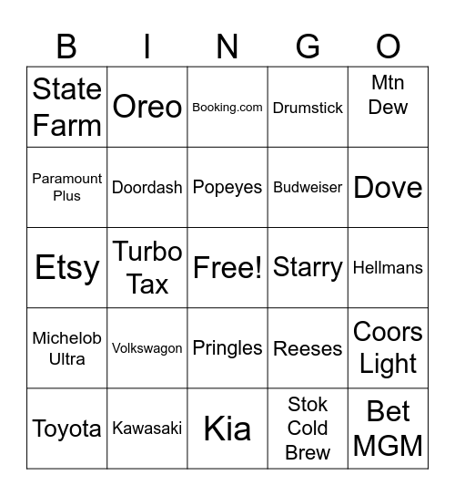 2024 Super Bowl Commercials Bingo Card