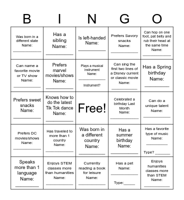 "Get-to-Know-You" Bingo Card