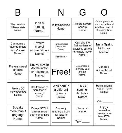 "Get-to-Know-You" Bingo Card