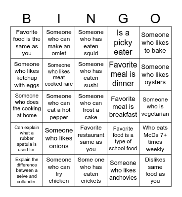 Get to Know You Bingo (Foods) Bingo Card