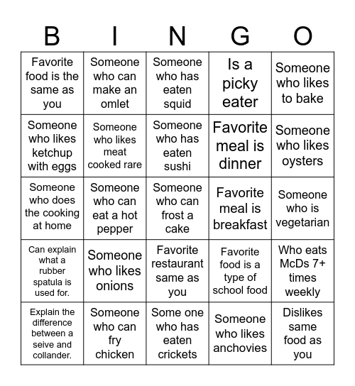 Get to Know You Bingo (Foods) Bingo Card