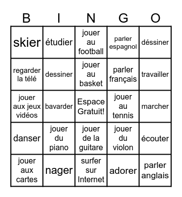 Les Verbes avec -ER Bingo Card