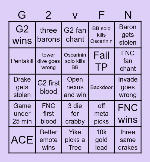 G2 vs FNC Bingo Card