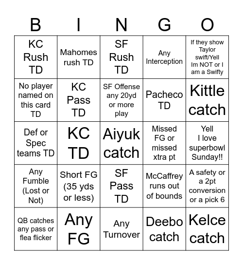 SUPER BOWL BINGO Card