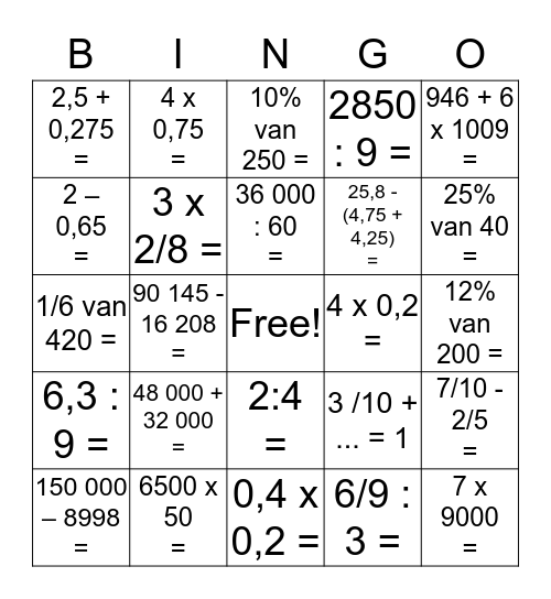 Wiskunde Bingo Card