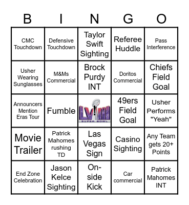 49ers vs Chiefs Bingo Card