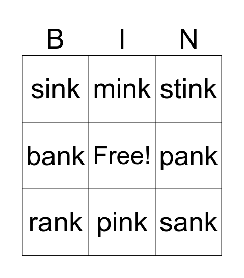 ink and ank words Bingo Card