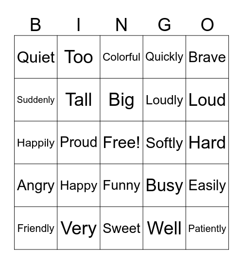 ADVERB & ADJECTIVES Bingo Card