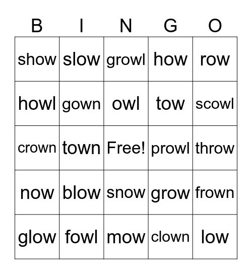 /ou/ and /oe/ spelled 'ow' Bingo Card