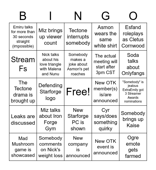 OTK Shareholder Meeting 2024 Bingo Card