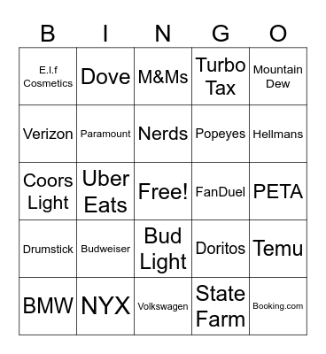 SUPERBOWL COMMERCIAL BINGO Card