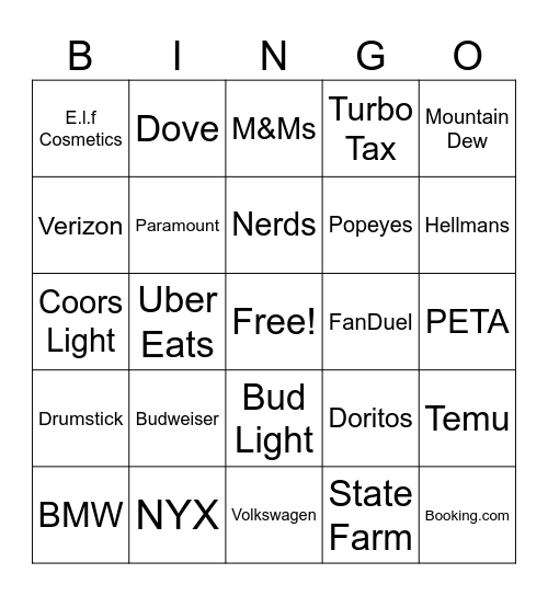 SUPERBOWL COMMERCIAL BINGO Card