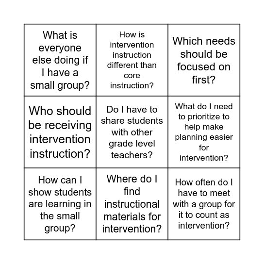 Intervention Planning Bingo Card