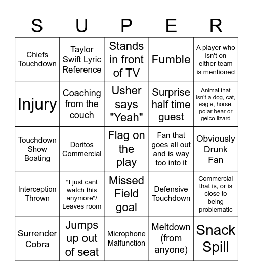 Superbowl Bingo Card