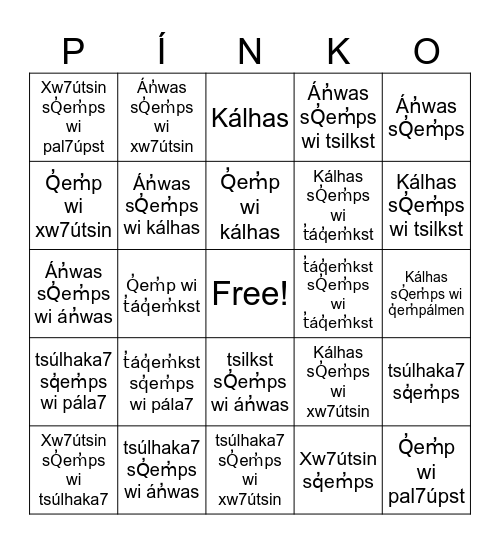 ST̓ÁT̓IMCETS Bingo Card