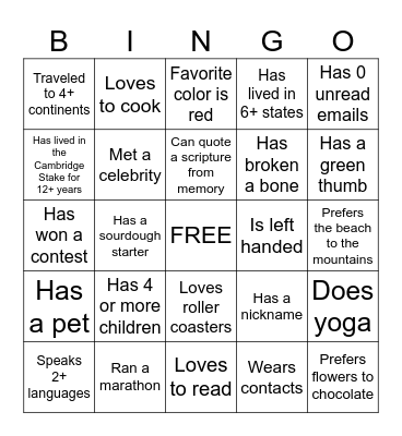Get to Know You Relief Society BINGO Card