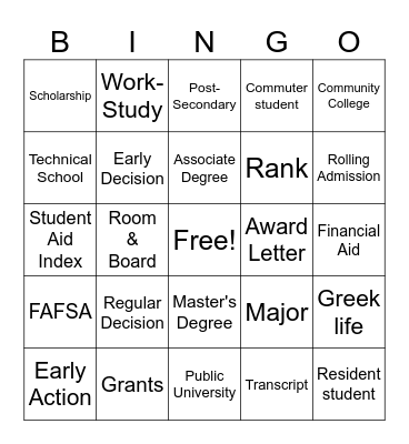 College Vocabulary Bingo Card