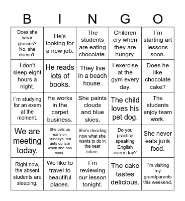 Present Simple vs Present Continuous Bingo Card