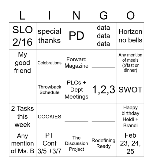 Staff Meeting 2/5/24 Bingo Card