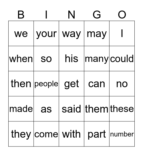List A 76-100 Bingo Card