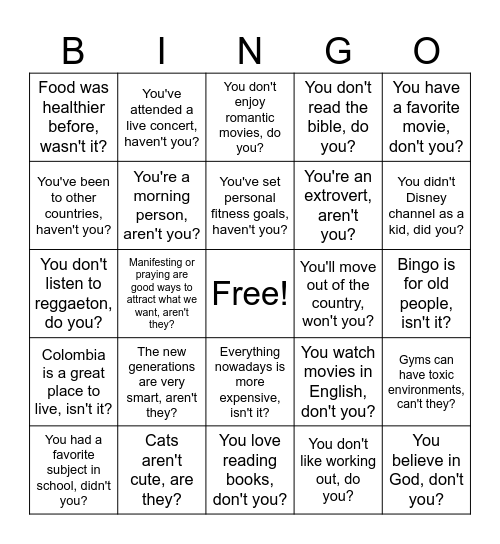 Tag questions Bingo Card