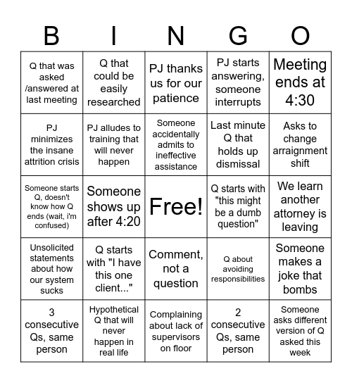 Monday Meeting Bingo Card