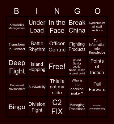 War Fighting Bingo Card