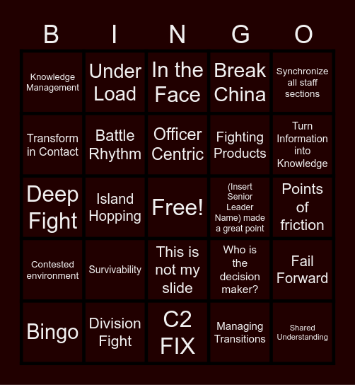 War Fighting Bingo Card