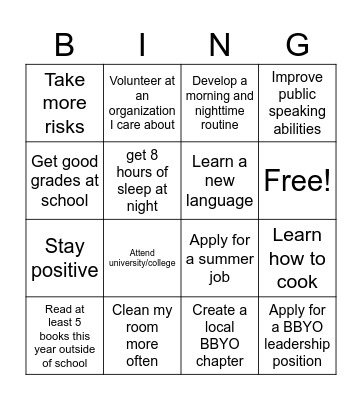 BBYO Life Goals Bingo Card