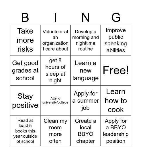 BBYO Life Goals Bingo Card