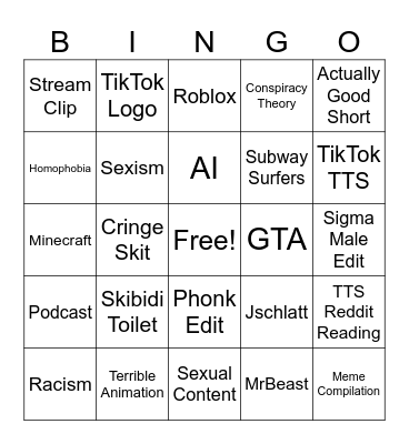 YT Shorts Bingo Card