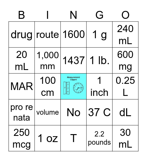 Dosage Calculations Conversions Bingo Card