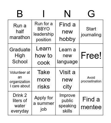 BBYO Life Goals Bingo Card