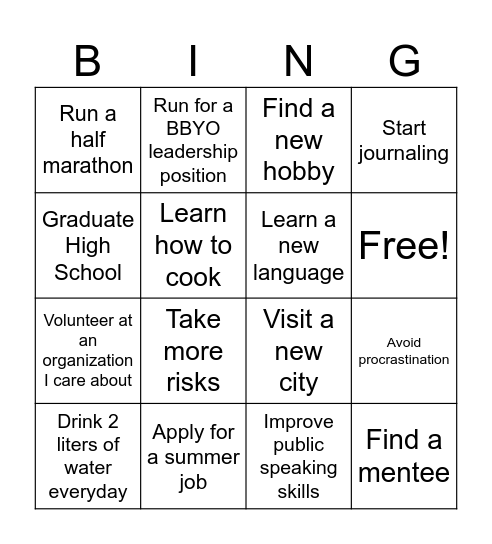 BBYO Life Goals Bingo Card