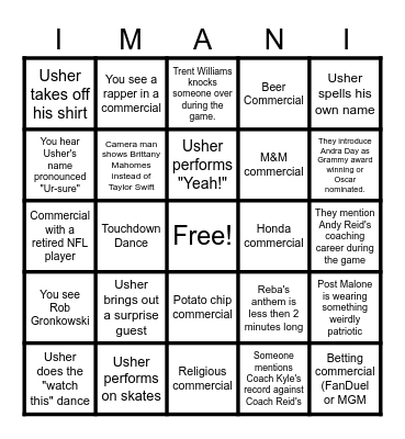 Imani's 2nd Annual Super Bowl Bingo Card Bingo Card
