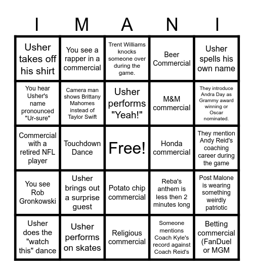 Imani's 2nd Annual Super Bowl Bingo Card Bingo Card