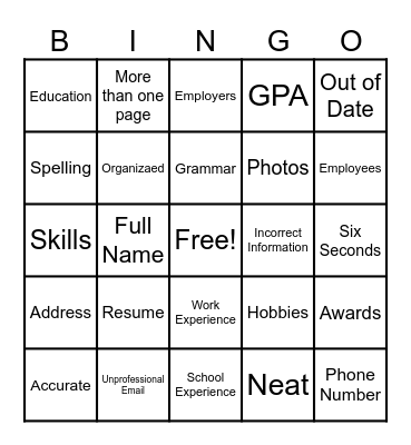 Resume Bingo Card
