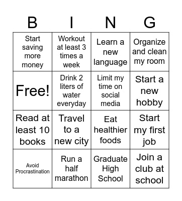 BBYO Life Goals Bingo Card