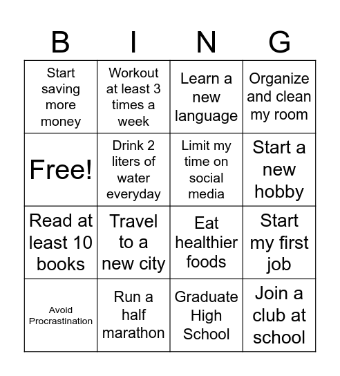 BBYO Life Goals Bingo Card