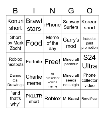 Another Yt shorts feed bingo board Bingo Card