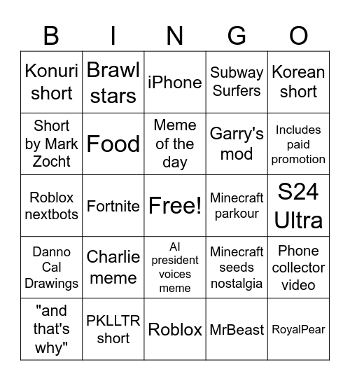 Another Yt shorts feed bingo board Bingo Card