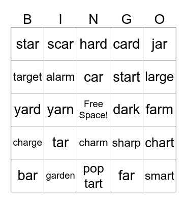 "AR" Words Bingo Card