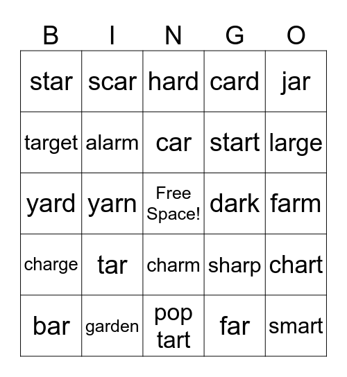 "AR" Words Bingo Card