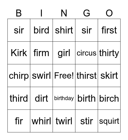 "ir" words Bingo Card
